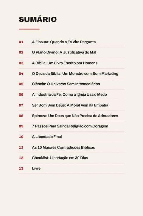 Página do sumário com os 13 capítulos